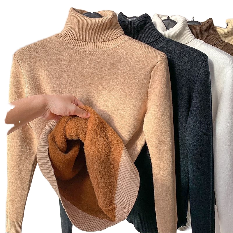 Women's Knit Tops Casual Turtleneck Thick Sweater Top with Long Sleeves Autumn Winter Solid Slim Fleece Pullover Top for Spring