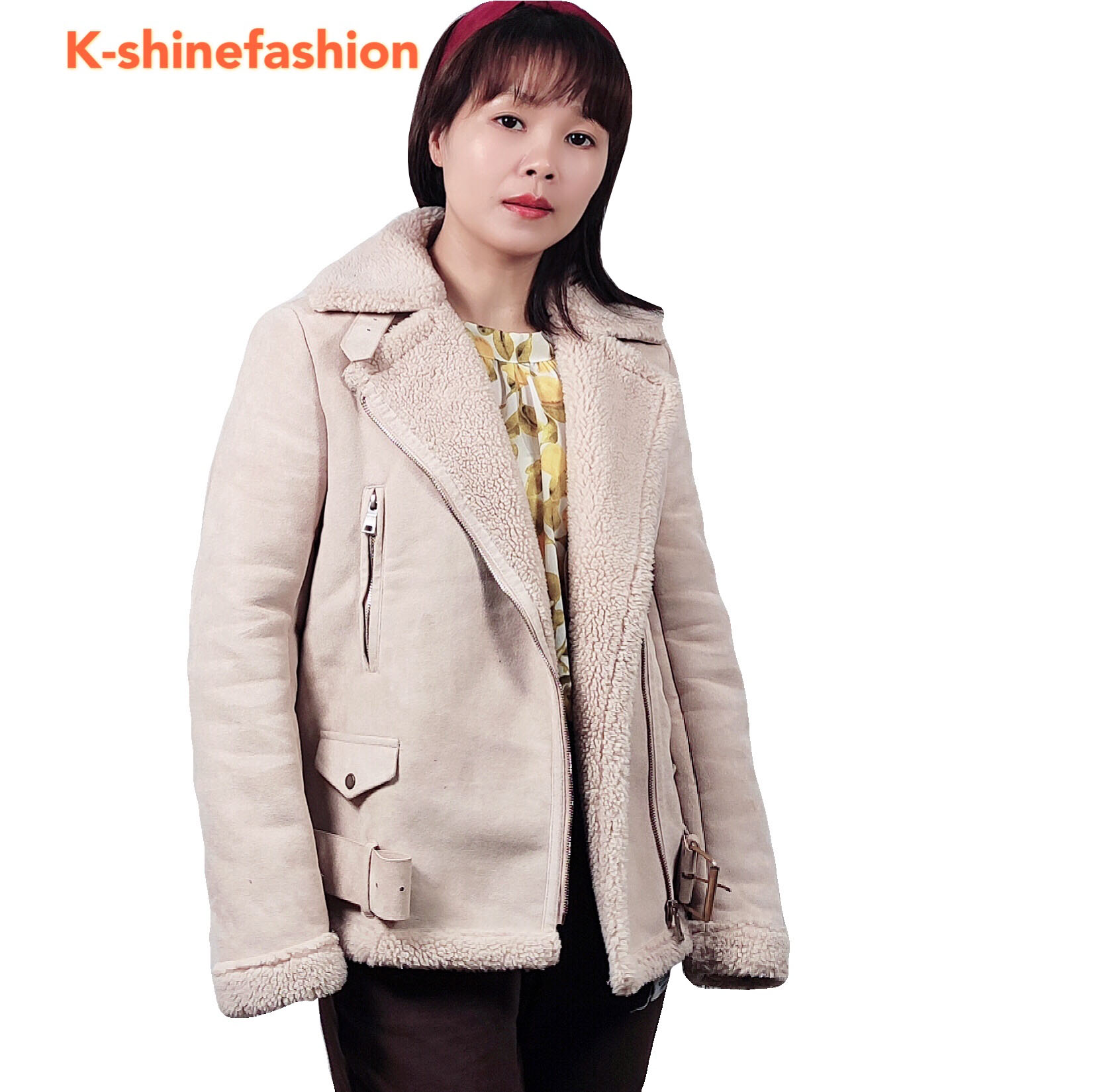 Women's Thick Casual Shearling Sheepskin Fur Coat Faux Fur Winter Jacket with Zipper Closure Woven Fabric