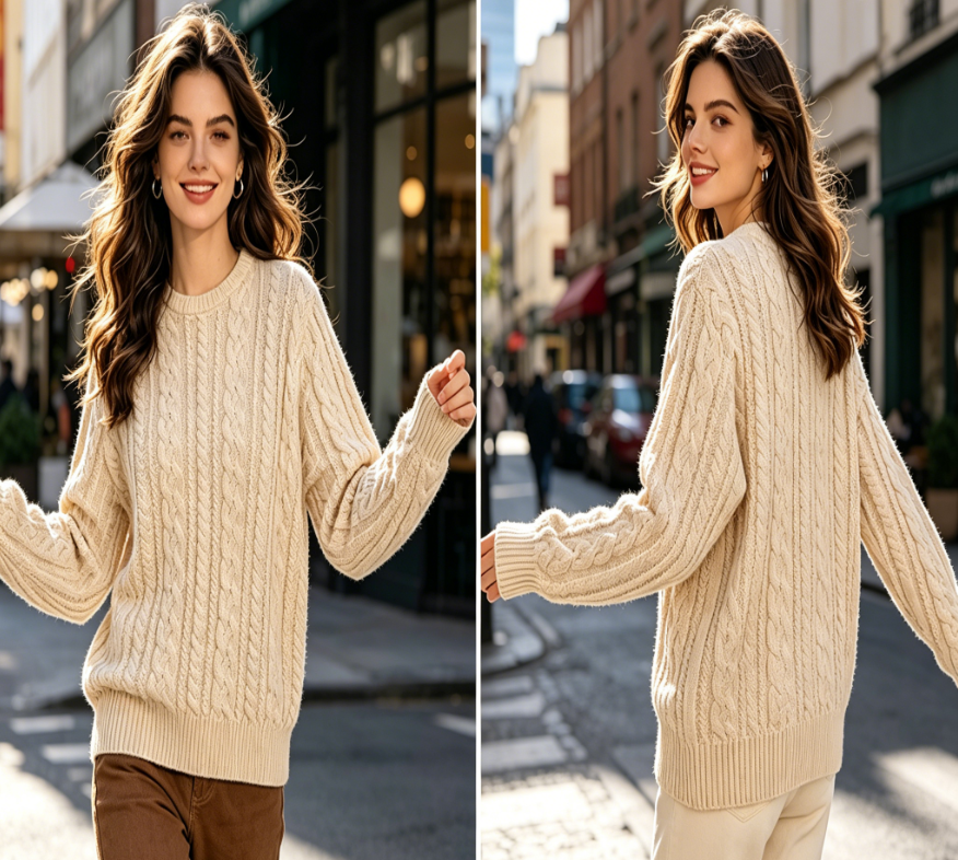 Hot Selling Custom Women's Cotton Knitted Sweater Crew Neck Ribbed Jacquard Pattern Casual Winter Long Sleeve Wool Pullover