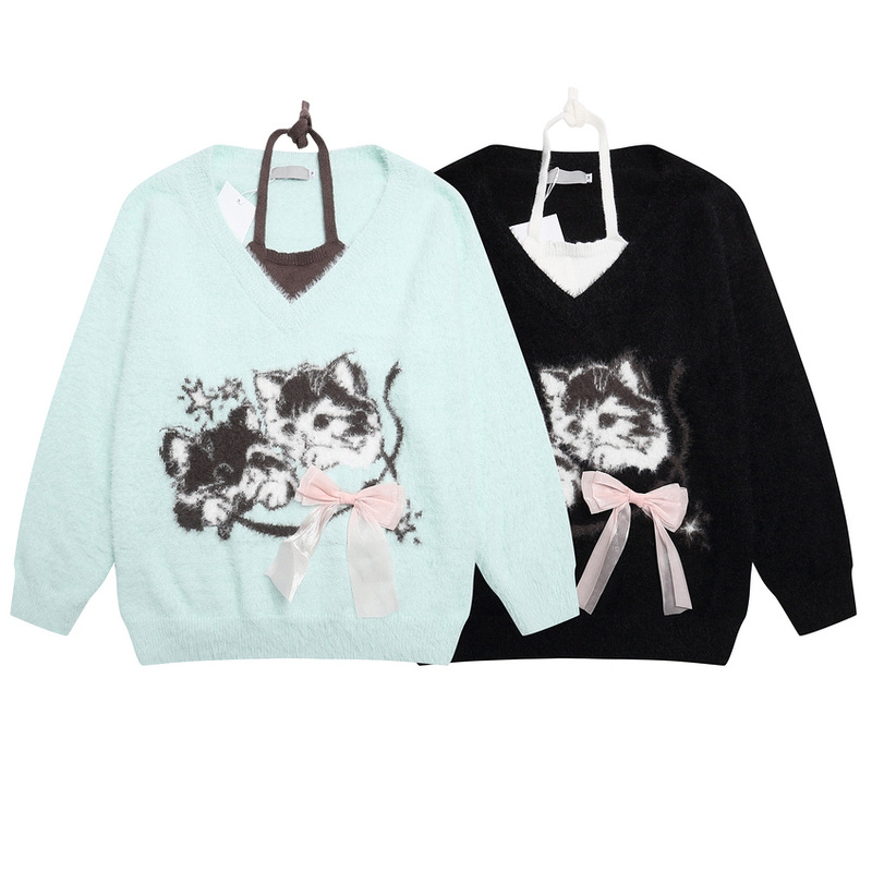 Joychuang Women's American Lazy Style Knitted Top with Neck Strap Unique Design Sweet Loose Fit Sweater
