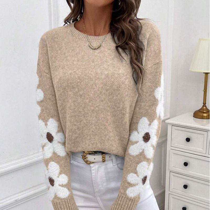 2024 Autumn Winter Elegant Flower Jacquard Knitted Pullover for Women with Front Logo Casual Style