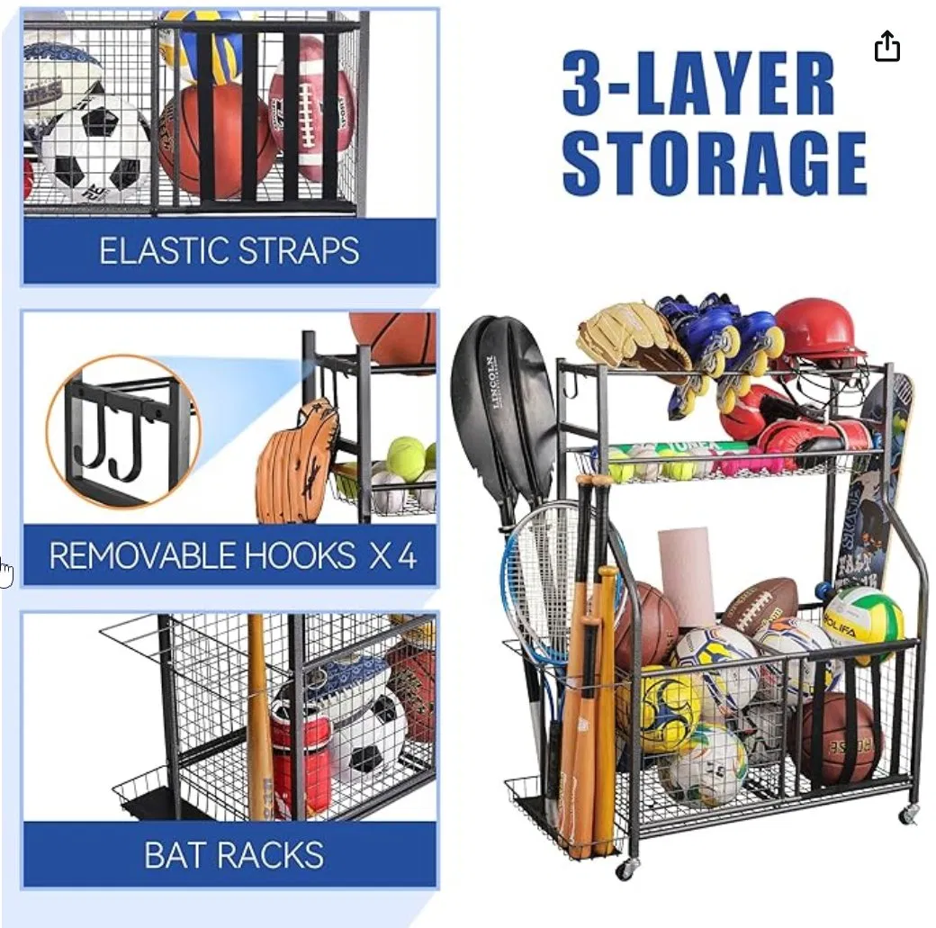 Sports Equipment Storage Cage Metal Ball Basket with Hooks Factory Outlet