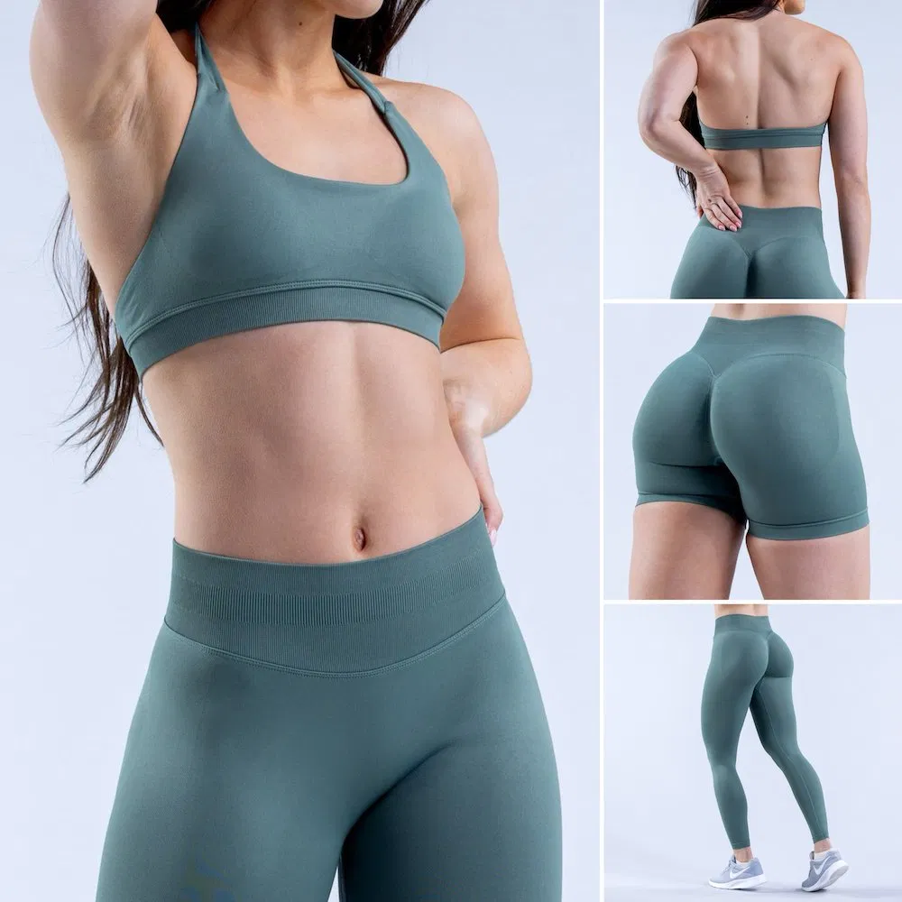4 PCS Sexy Backless Workout Set Fitness Womens Activewear Set, Custom Seamless Halter Neck Bra +Booty Shorts+Yoga Leggings Gym Sportswear Lady Workout Clothes