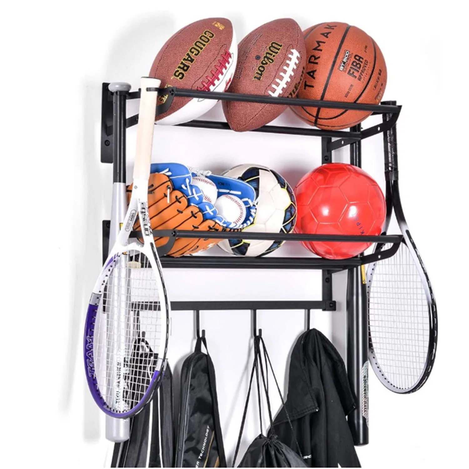 Ball Storage Rack Garage Ball Storage Sports Gear Storage Garage Organizer with Baskets and Hooks