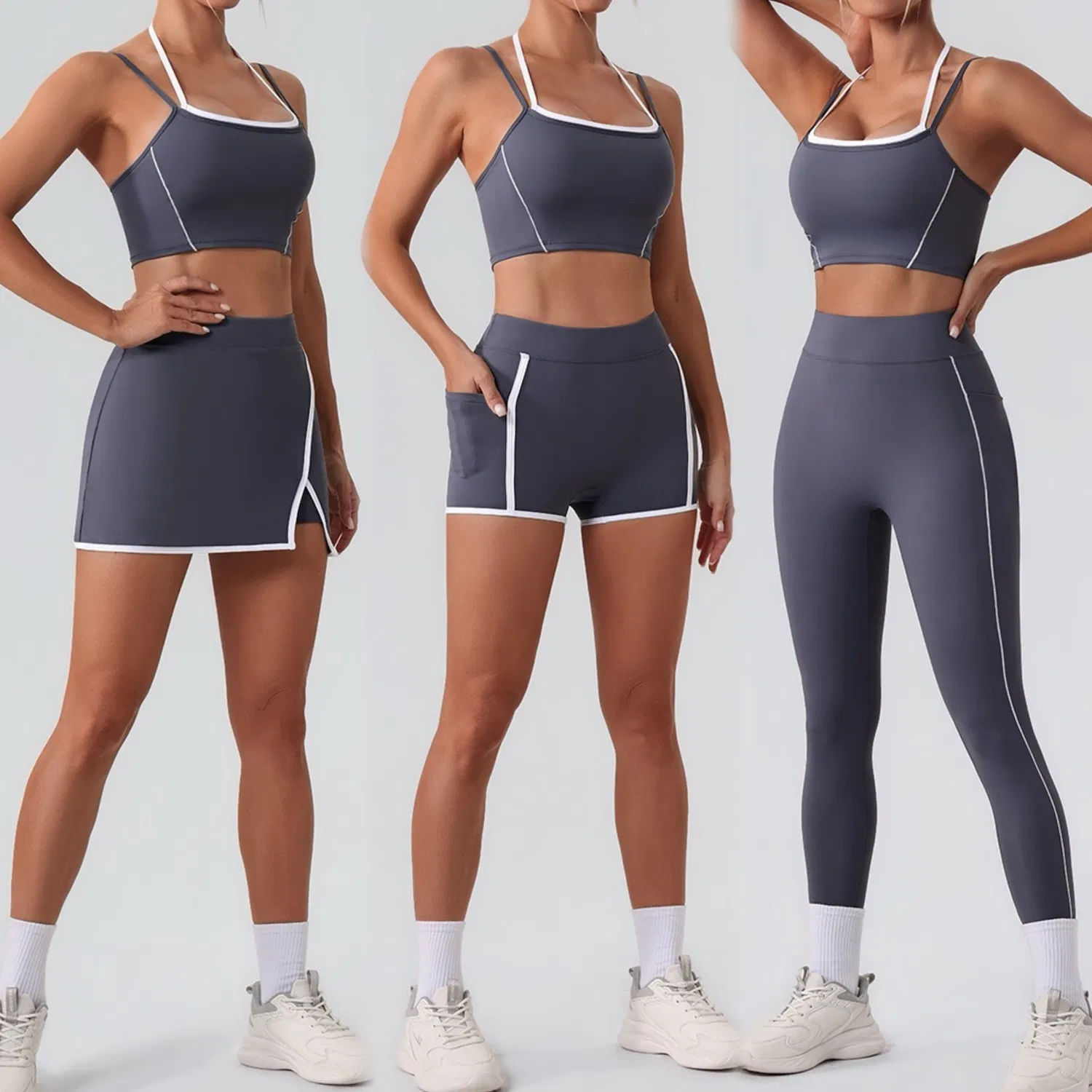 New Fashion 4PCS Cute Workout Sets Gym Tennis Wear for Women, Tank Top Matching High Waist Booty Lifting Shorts + Yoga Leggings + Active Skirts Outfits