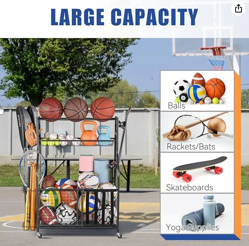 Sports Equipment Storage Cage Metal Ball Basket with Hooks Factory Outlet