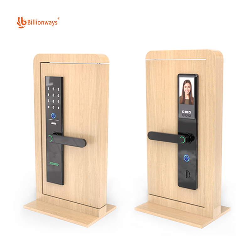 Fashion Style Smart Door Lock Display Rack - Metal Wood Grain Design