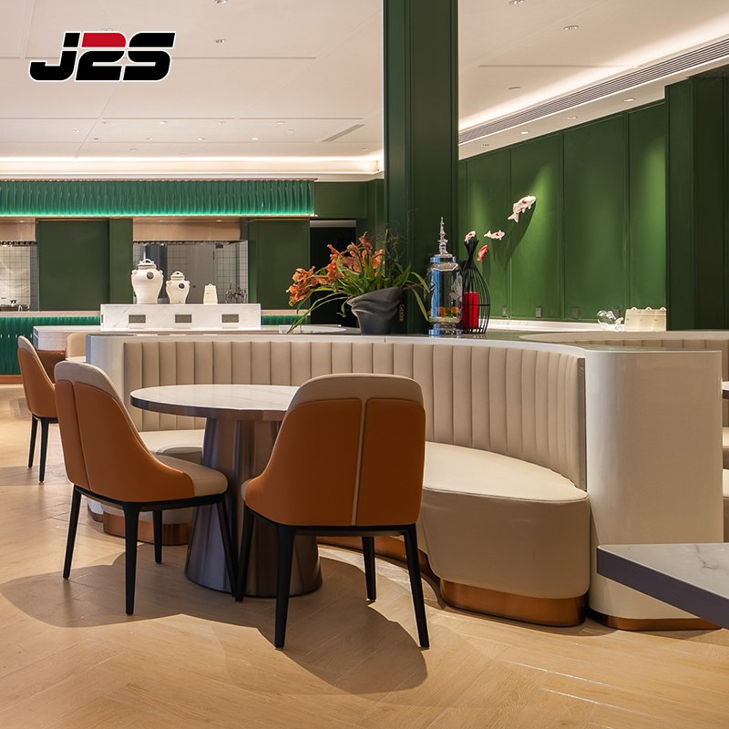 Modern Commercial Restaurant Furniture Curved Booth Orange Leather Chair Round Table Set Luxury Hotel Project Interior Design