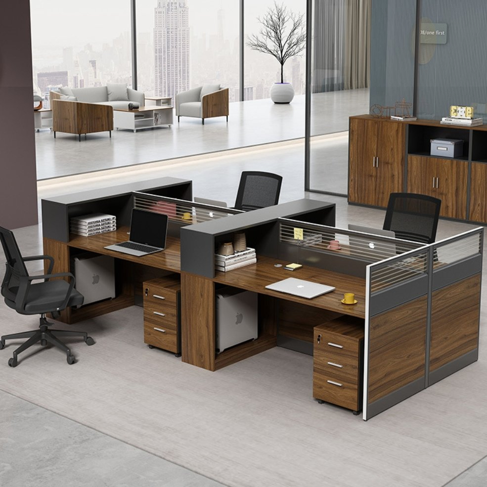 Modern Modular Office Workstation - 4-Person Desk System with Privacy Dividers and Storage Cabinets