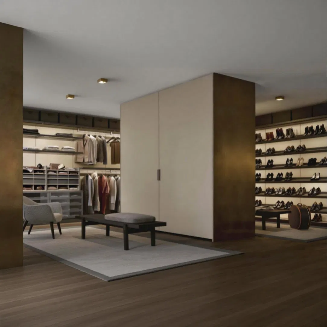 Environmentally Friendly Materials Used in Closet System From WPC and Satin Melamine Finish in French Cream Style with Pants Rack and Multifunctional Storage