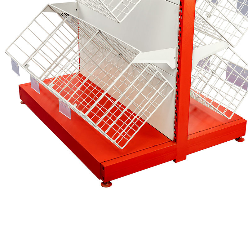 Double-Sided L-Shaped Basket Shelving System for Retail Use with Slanted Design and Modular Setup