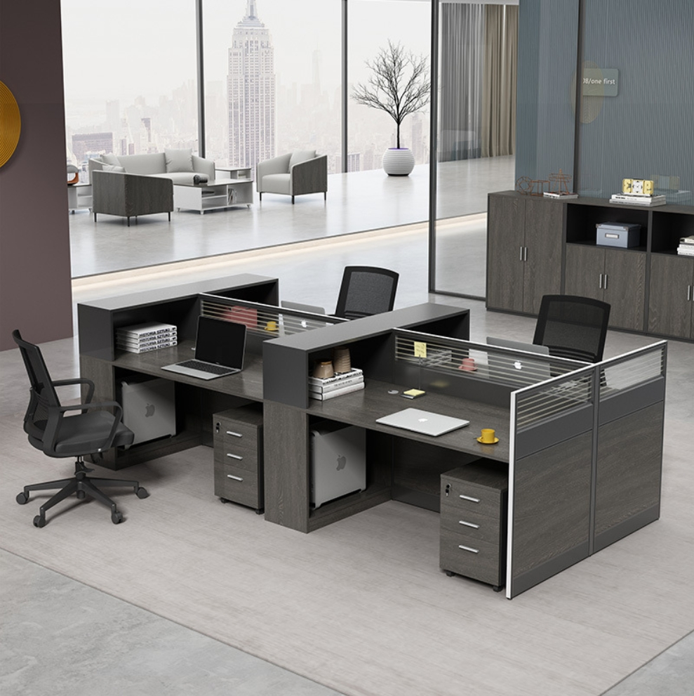 Modern Modular Office Workstation - 4-Person Desk System with Privacy Dividers and Storage Cabinets