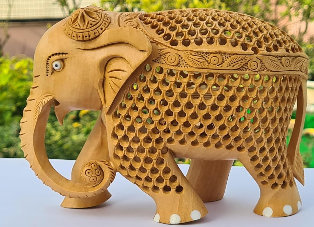 Wooden Carved Reticulated Elephant Handicraft Unique Design Custom Handicraft