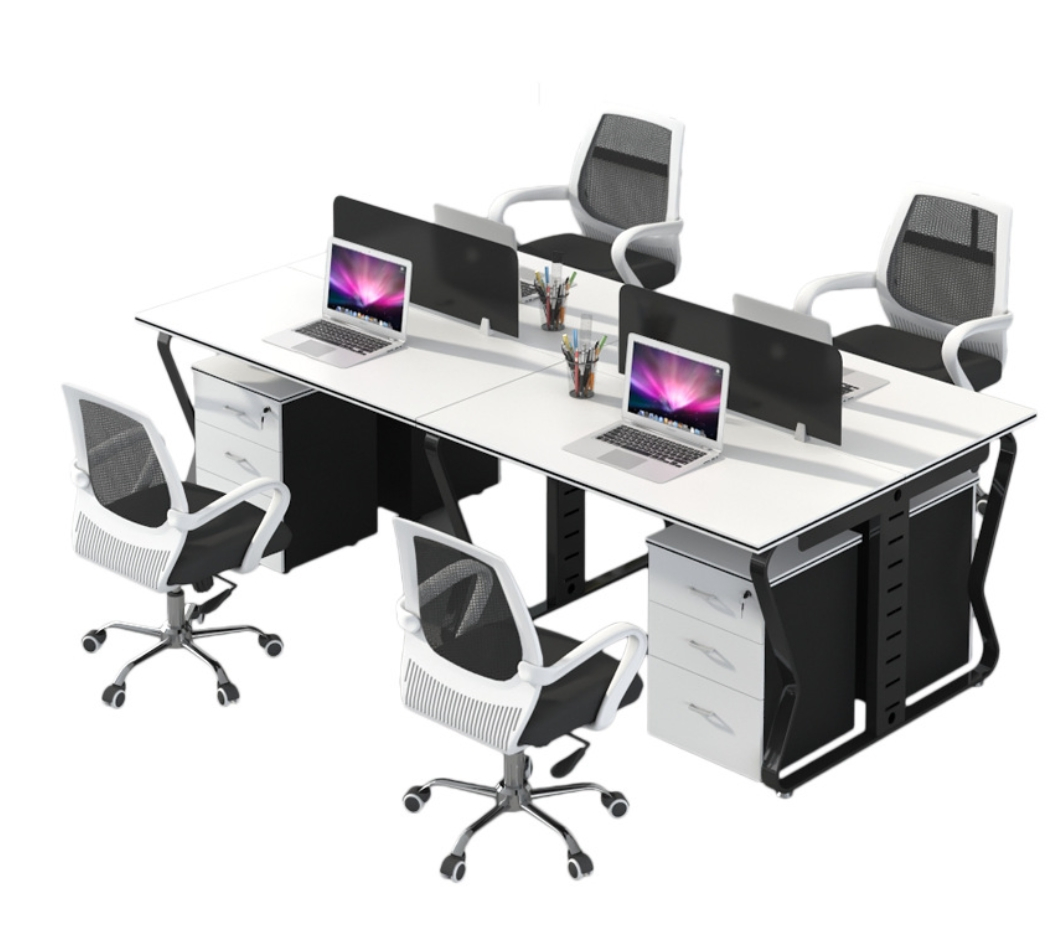 Modern Office Desk Workstation 4 Person White Desk System with Privacy Panels and Storage Drawers Collaborative Open Office Desk