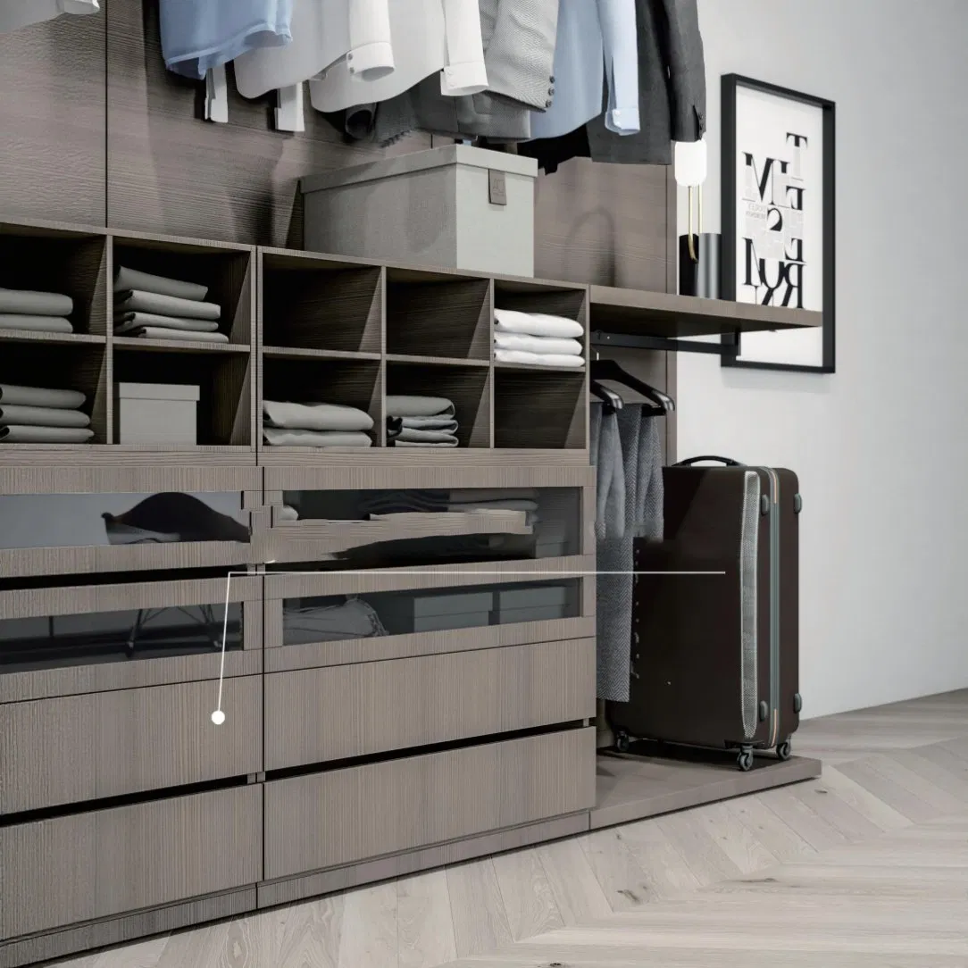 Environmentally Friendly Materials Used in Closet System From WPC and Satin Melamine Finish in French Cream Style with Pants Rack and Multifunctional Storage