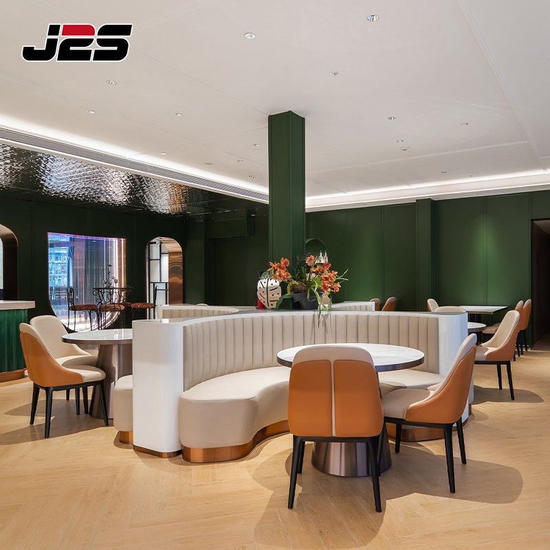 Modern Commercial Restaurant Furniture Curved Booth Orange Leather Chair Round Table Set Luxury Hotel Project Interior Design
