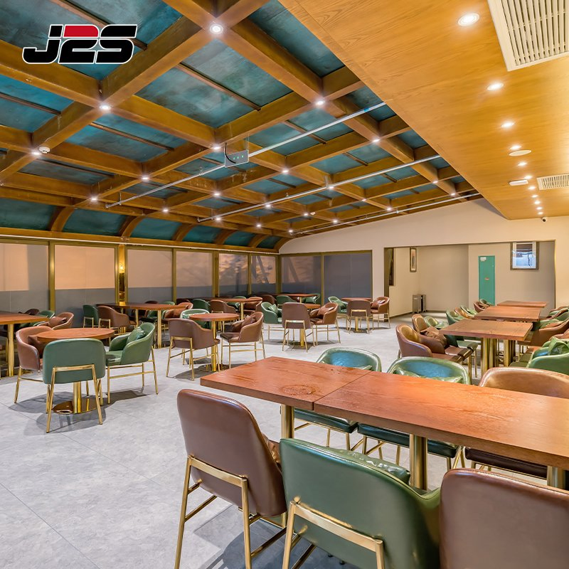 Commercial Modern Cafe Restaurant Interior Design Furniture Brown PU Leather Upholstered Chair Square Solid Wood Table Set Luxury Resort Sunroom