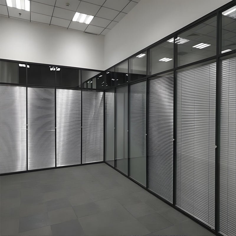 Custom Modern Glass Office Partition Interior Framed Modular Wall System with Integrated Blinds