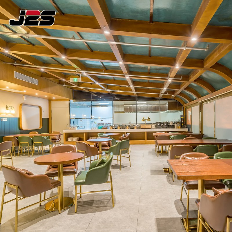 Commercial Modern Cafe Restaurant Interior Design Furniture Brown PU Leather Upholstered Chair Square Solid Wood Table Set Luxury Resort Sunroom