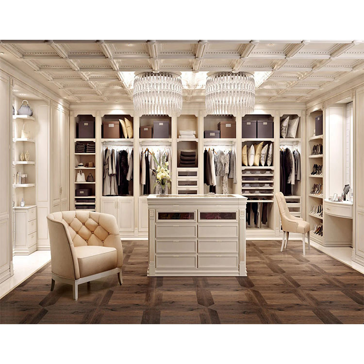 Modern Bedroom White Wood Cabinet Closets Set Furniture Designs Custom High End Walking Wardrobe Closet Systems with Island