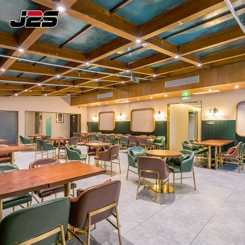 Commercial Modern Cafe Restaurant Interior Design Furniture Brown PU Leather Upholstered Chair Square Solid Wood Table Set Luxury Resort Sunroom