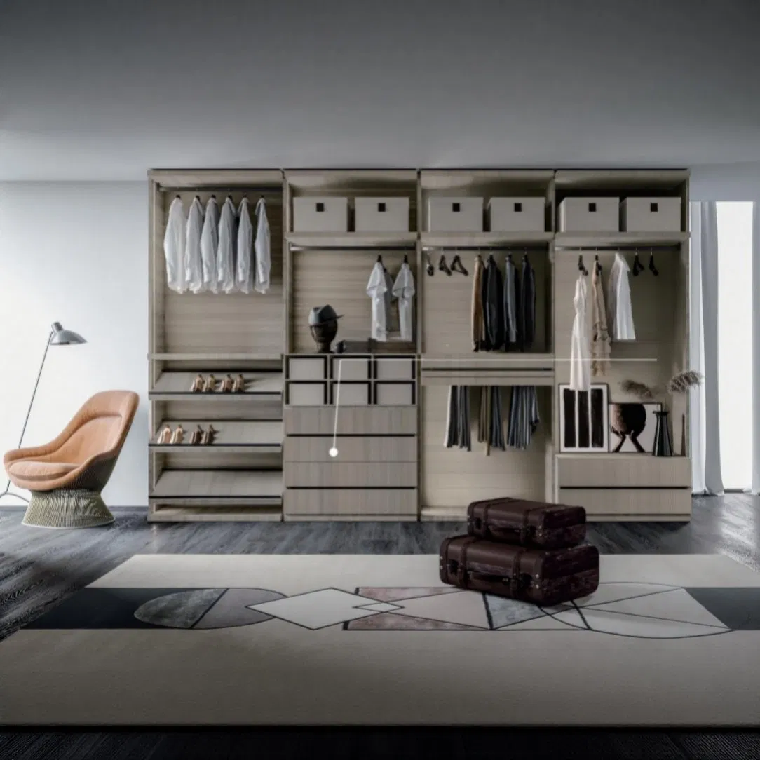 Environmentally Friendly Materials Used in Closet System From WPC and Satin Melamine Finish in French Cream Style with Pants Rack and Multifunctional Storage