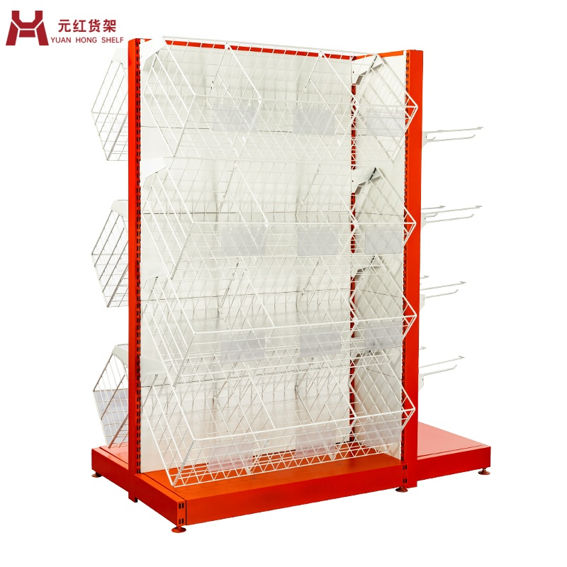 Double-Sided L-Shaped Basket Shelving System for Retail Use with Slanted Design and Modular Setup