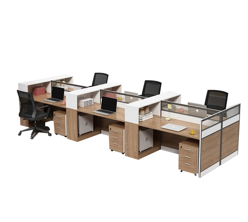 Modern Modular Office Workstation - 4-Person Desk System with Privacy Dividers and Storage Cabinets