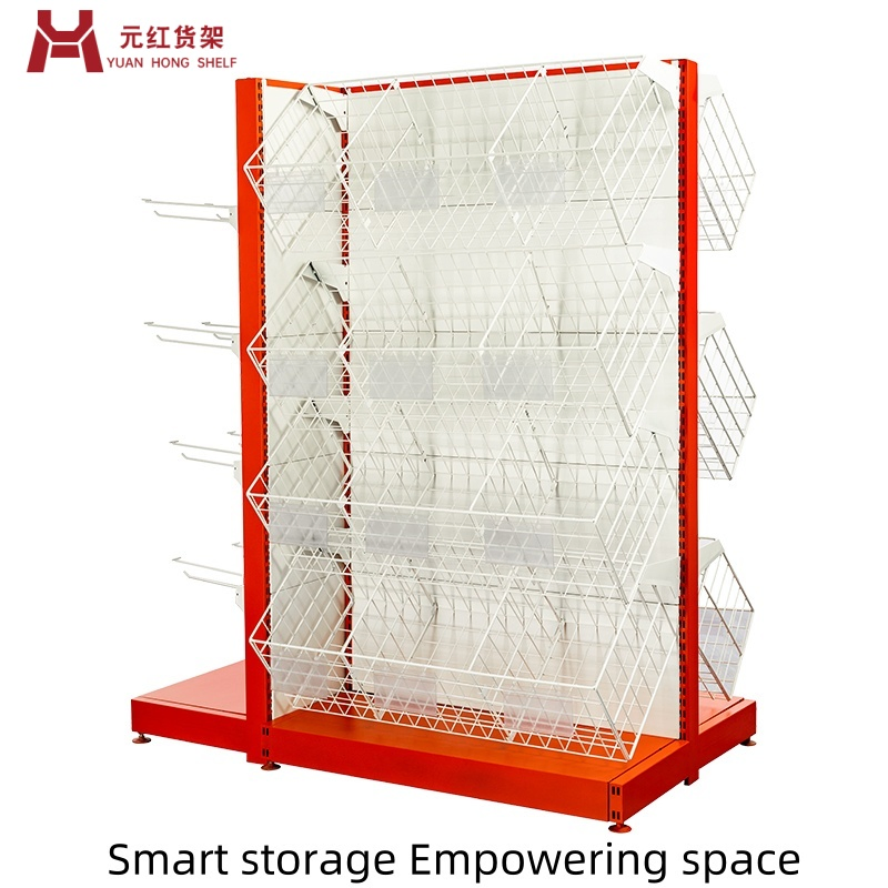 Customizable L-Shaped Slanted Basket Shelving System for Supermarket Display with Modular Options