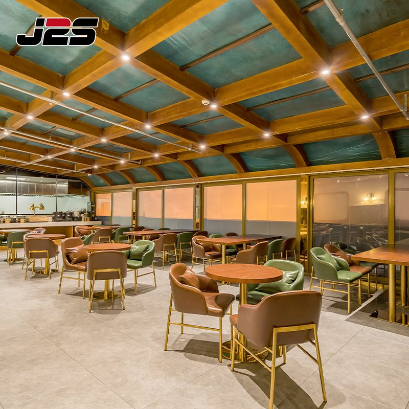 Commercial Modern Cafe Restaurant Interior Design Furniture Brown PU Leather Upholstered Chair Square Solid Wood Table Set Luxury Resort Sunroom