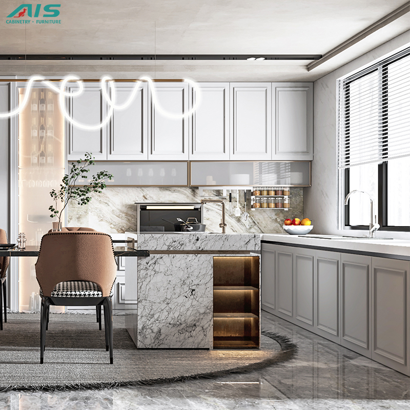 Modern Luxury Ready to Assemble Interior Furniture Cuisine Complete Set White Color Lacquer Kitchen Cabinet Island for Sale