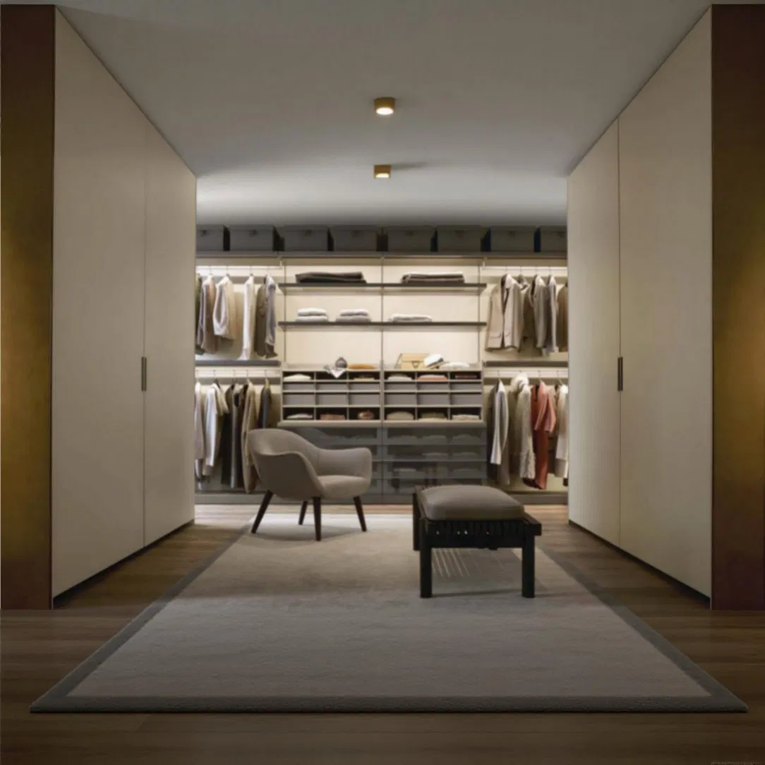 Environmentally Friendly Materials Used in Closet System From WPC and Satin Melamine Finish in French Cream Style with Pants Rack and Multifunctional Storage