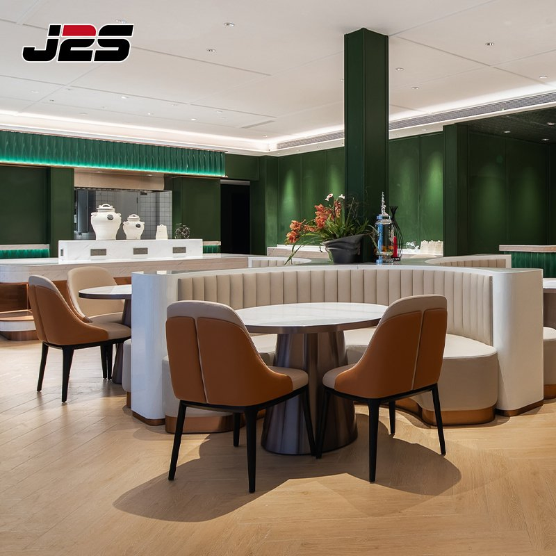 Modern Commercial Restaurant Furniture Curved Booth Orange Leather Chair Round Table Set Luxury Hotel Project Interior Design