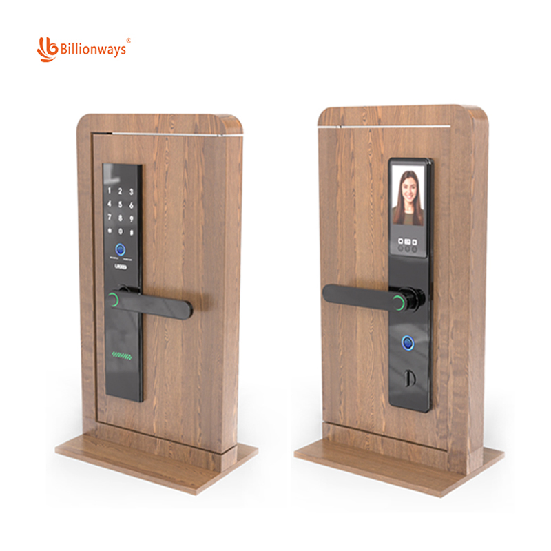 Fashion Style Smart Door Lock Display Rack - Metal Wood Grain Design