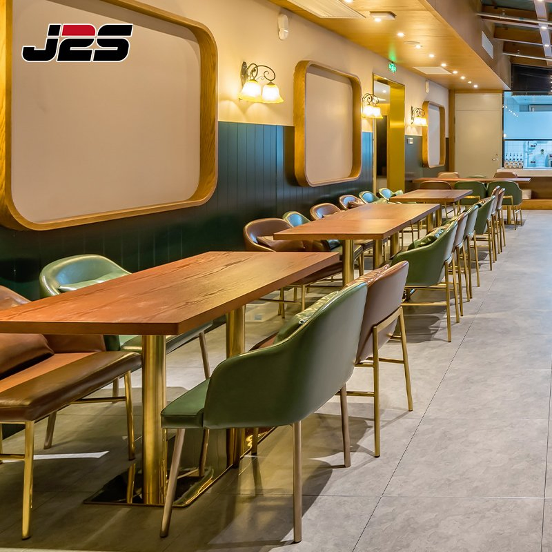 Commercial Modern Cafe Restaurant Interior Design Furniture Brown PU Leather Upholstered Chair Square Solid Wood Table Set Luxury Resort Sunroom