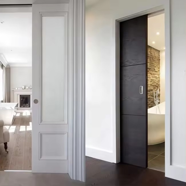 Customization Modern Interior Room Large Wood Sliding Hidden Pockets Doors System Luxury Walnut Solid Wooden Pocket Flush Door