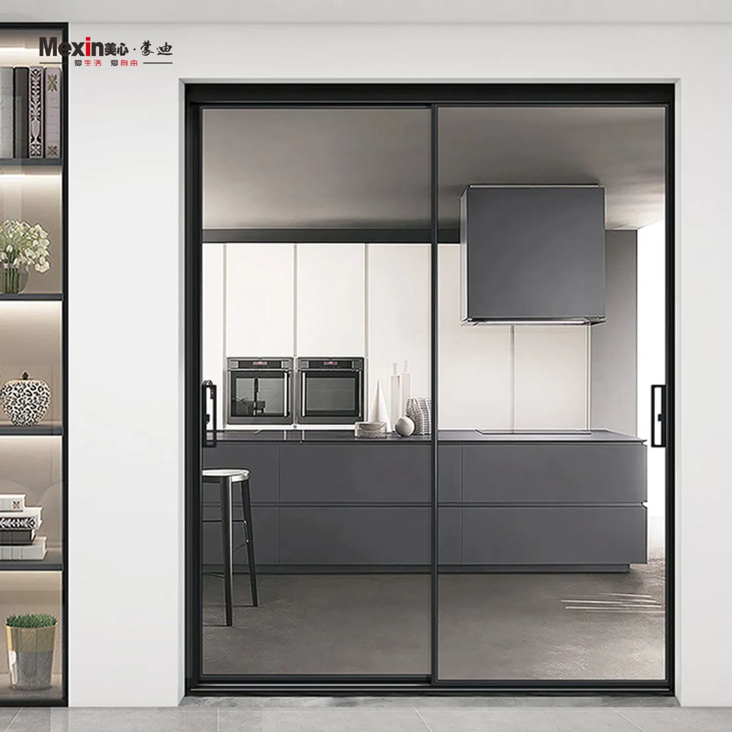 Mexin Best Price Sliding Bifold Black Frameless Glass Door Lockable Handle for Kitchen to Dining Area Divider