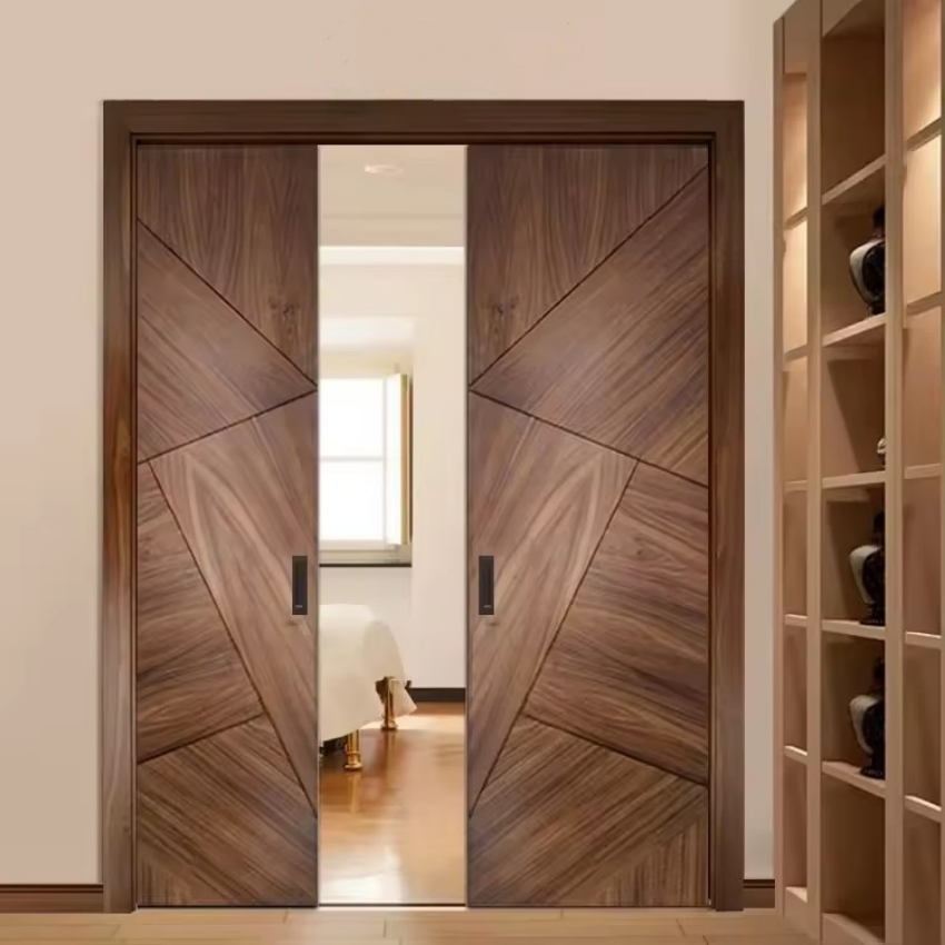 Customization Modern Interior Room Large Wood Sliding Hidden Pockets Doors System Luxury Walnut Solid Wooden Pocket Flush Door