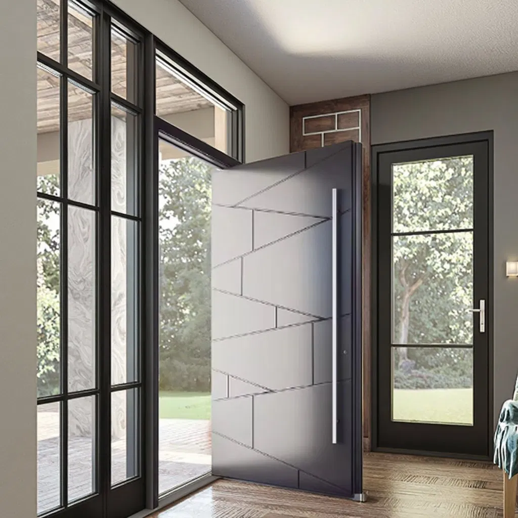 Black Strip House Exterior Front Entry Door Main Entrance Door Aluminum Alloy Security Pivot Doors