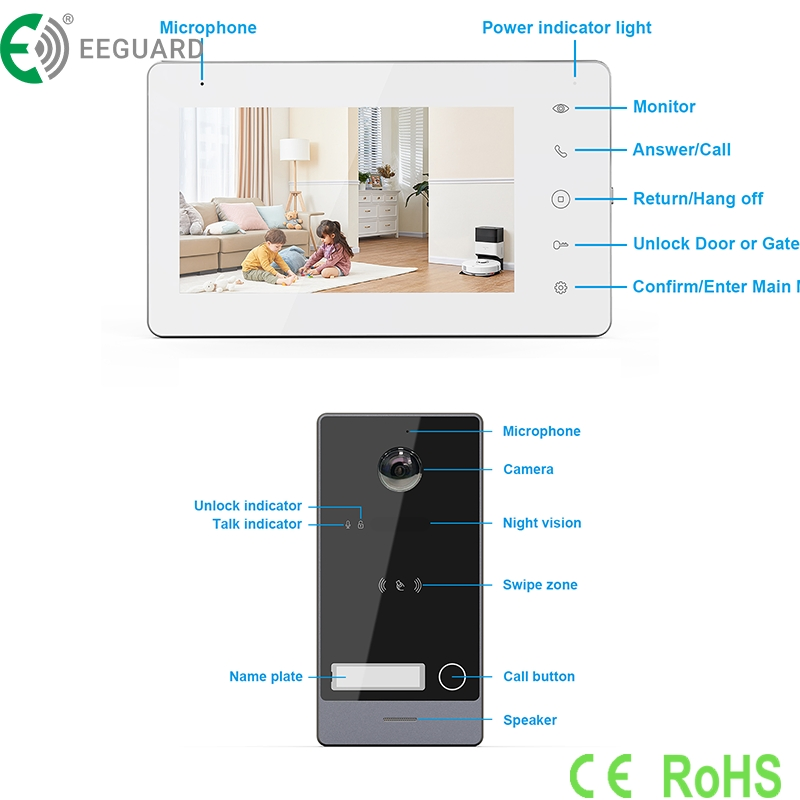 2-Wire IP 7" WiFi Video Doorbell Kit Support Smartphone Remote Unlock Control