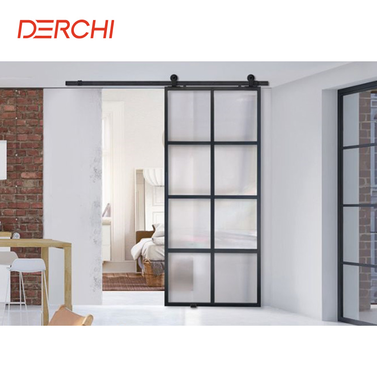 Modern Interior Design Narrow Frame Frosted Tempered Glass Inserted Aluminum Sliding Barn Doors