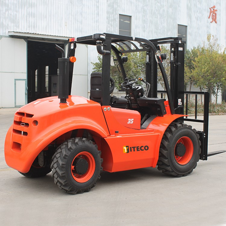 Titeco 2ton-4ton Ride-on Rough Terrain Fork Lift Trucks Mountain Forest Transport off-Road Forklift with Side Shifter/Closed Cabin/Toyota Suspension Seat