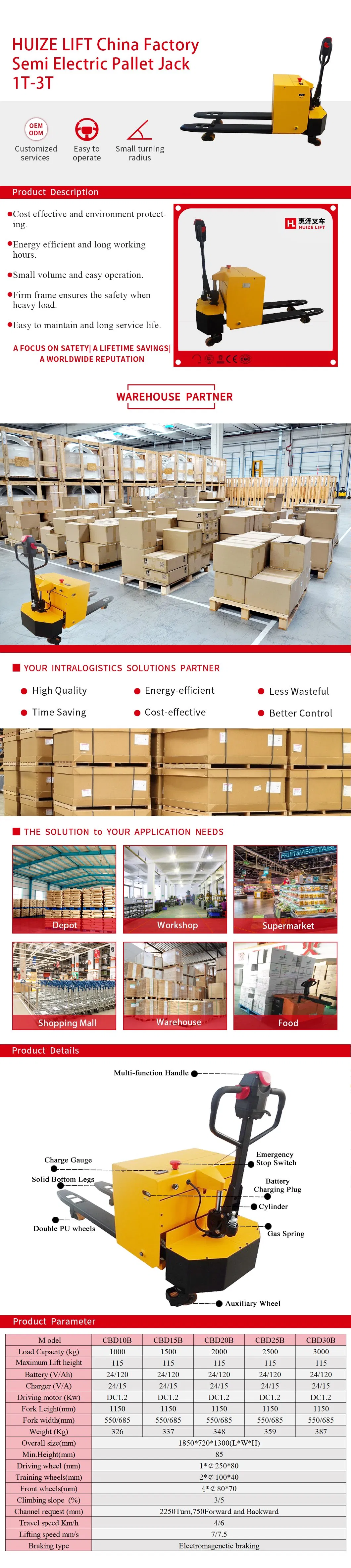 Warehouse 1000kg Semi Electric Pallet Jack Truck