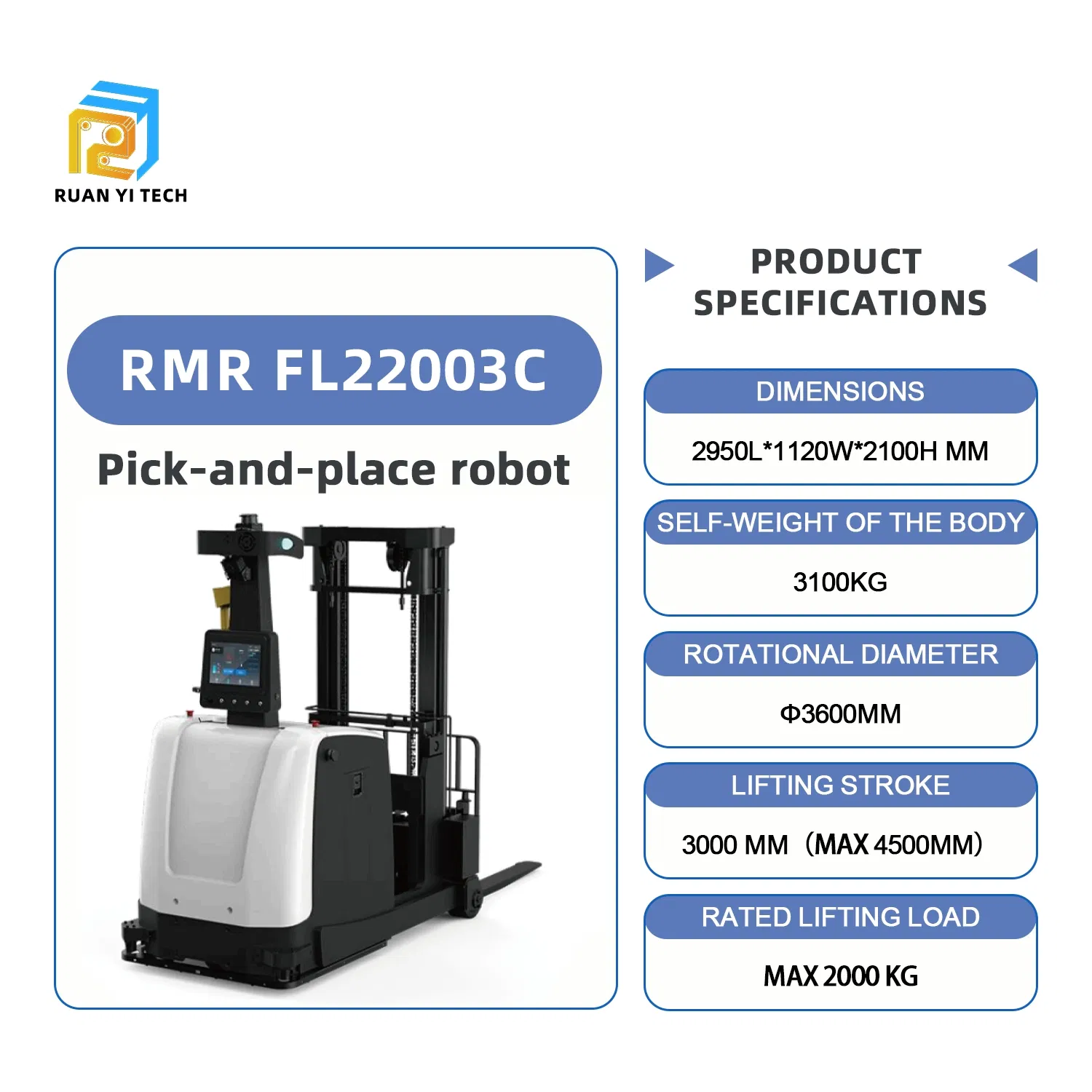 Ruanyi 2025 Laser Agv 2000kg Lifting Height 3000mm Heavy-Duty AMR Warehouse Lifting Slam Forklift Robot