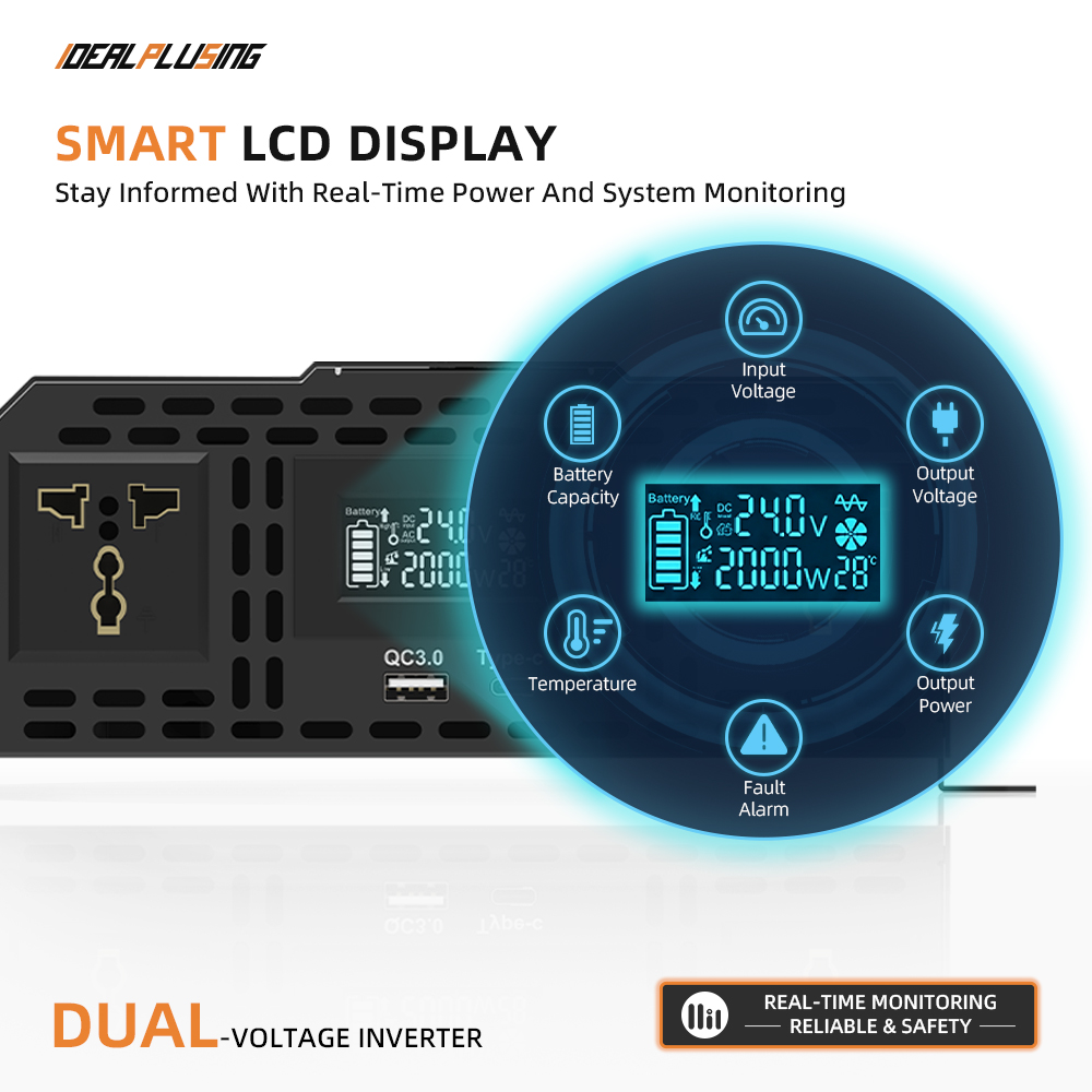 ODM/OEM IDEALPLUSING Pure Sine Wave Inverter Dual Input 12V 24V to 220V 50Hz/60Hz with LED Display for Energy Storage Systems