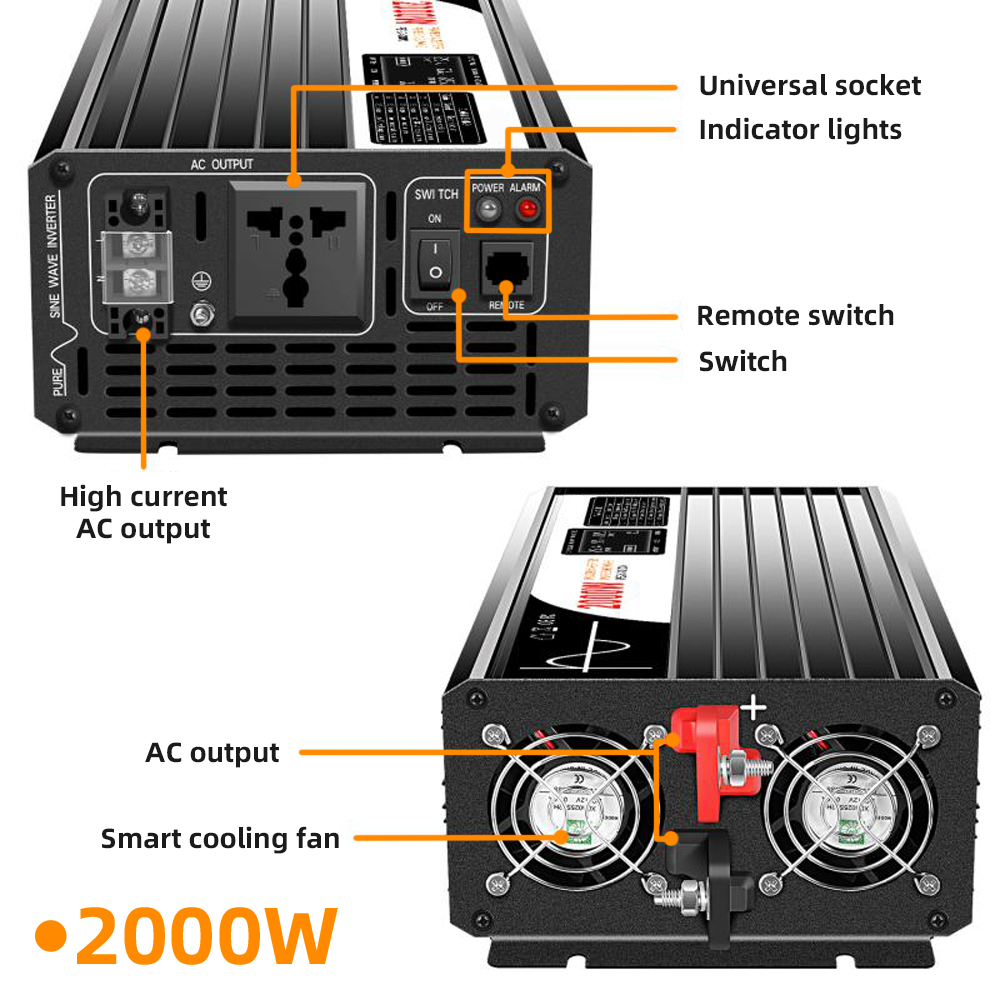 Smart DC to AC 12V 24V 48V 72V 110V 120V 50/60Hz Pure Sine Wave Power Inverter 2000W Inverter for Home/Car Appliances