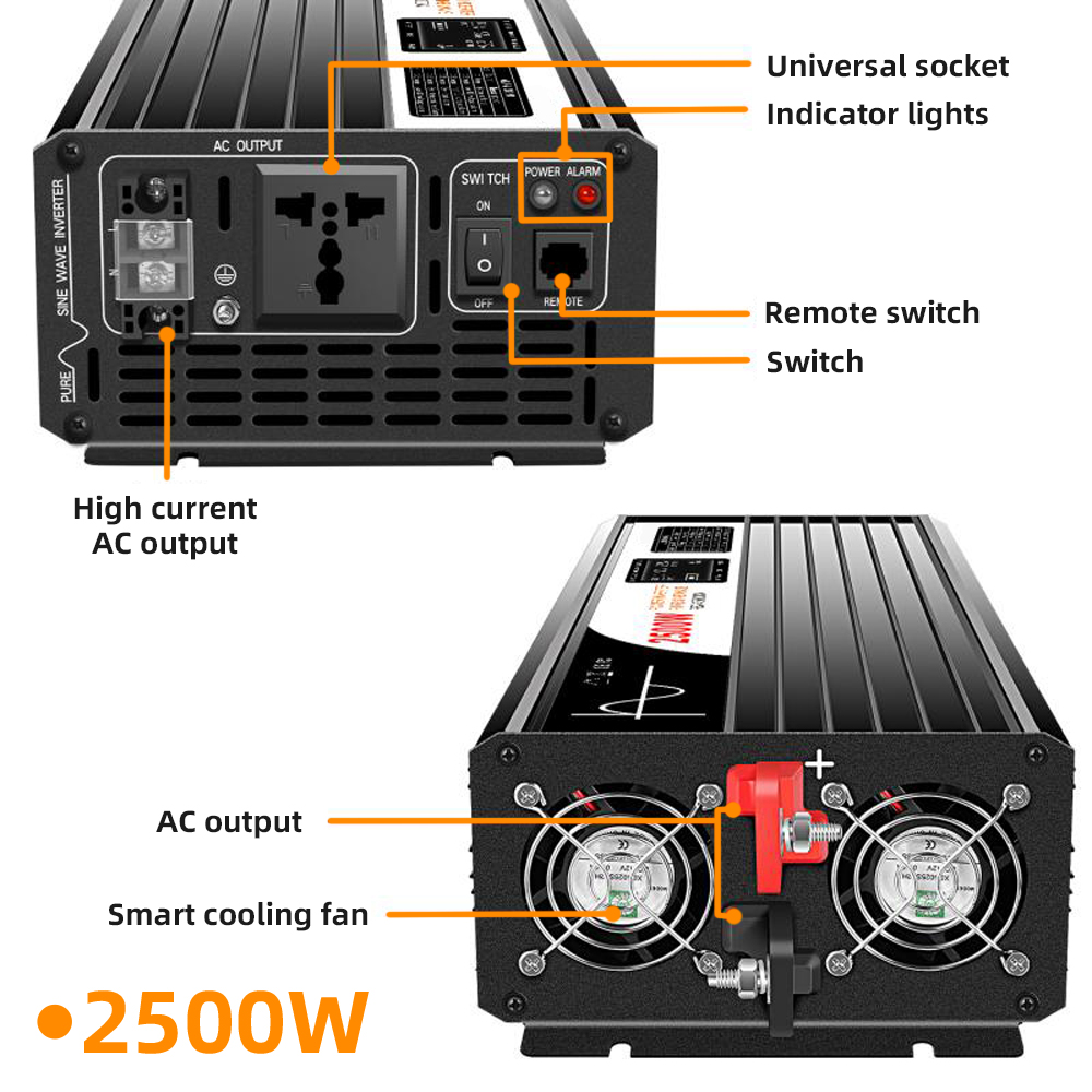 Intelligent 1000W 2000W 2500W Industrial Equipment Power Supply Inverter 24V 48V 84V 110V DC to AC Inverter with Pure Sine Wave