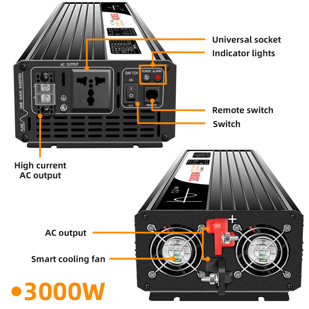 2000W 2500W 3000W Portable Solar System Pure Sine Wave Inverter 24V 48V 72V 96V to 110V 220V 240V Car Power Supply Inverter