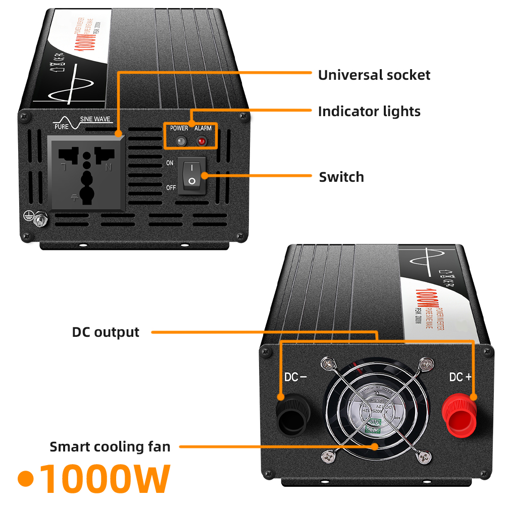 IDEALPLUSING Pure Sine Wave Solar Off-Grid Power Inverter 12V/24V/48V/72V DC to 110V/220V AC 500W-1000W for Home Backup Power