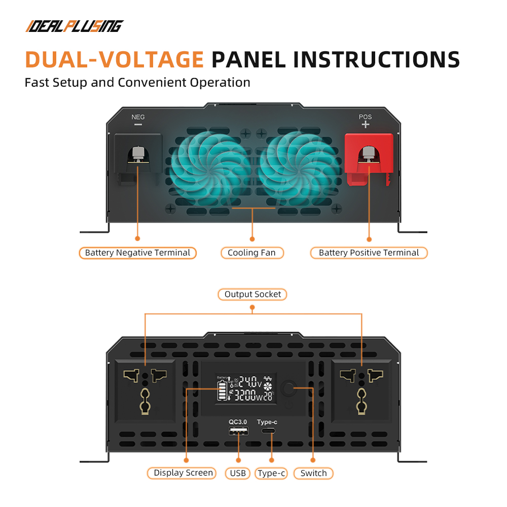 ODM/OEM IDEALPLUSING Pure Sine Wave Inverter Dual Input 12V 24V to 220V 50Hz/60Hz with LED Display for Energy Storage Systems